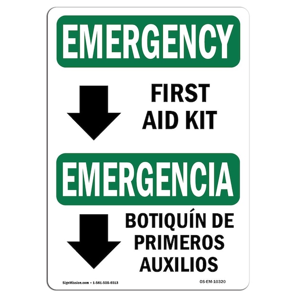 Safety Sign, OSHA EMERGENCY, 3.5" Height, First Aid Kit Bilingual, Landscape, 10PK